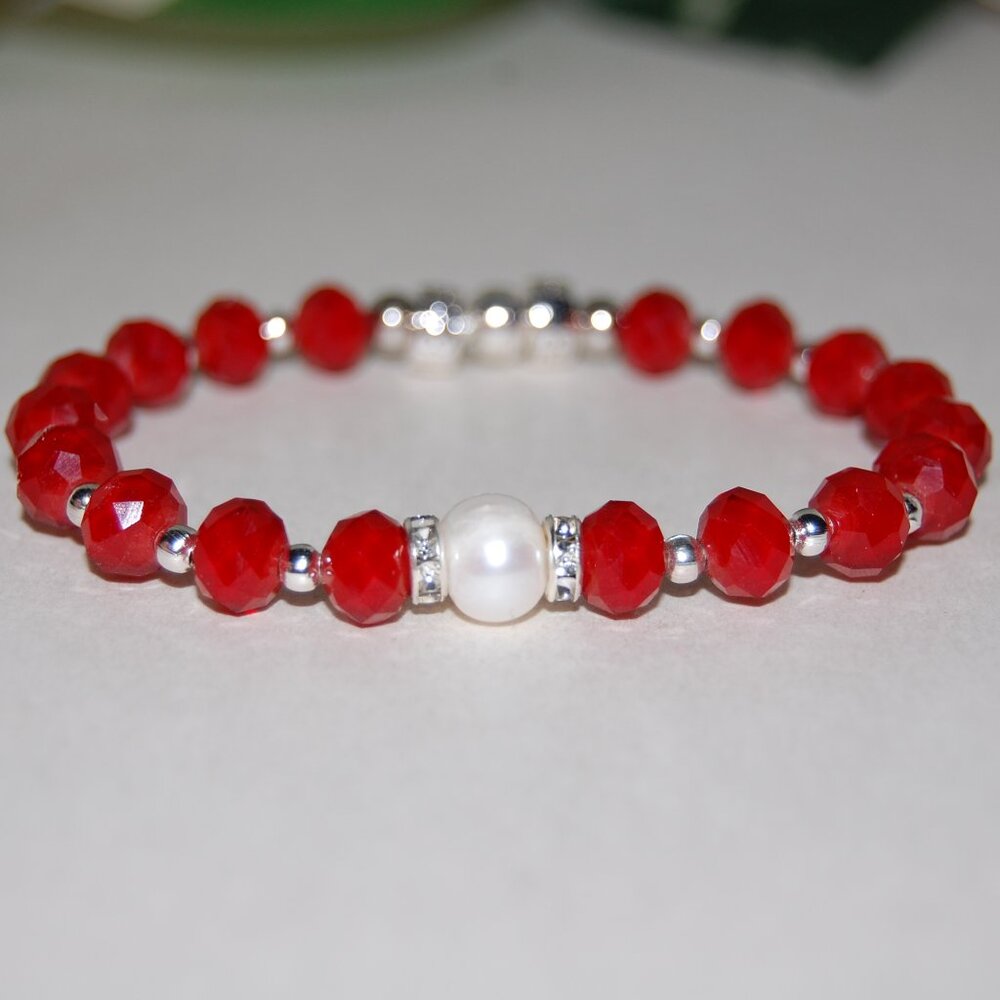 Freshwater Pearl Bracelet,Red Bracelet,Pearl and Red Glass Beads Bracelet